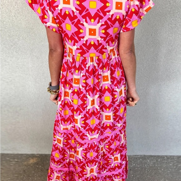 Strawberry Pink Geo Print V-neck Maxi Dress Bohemian Long Dress - Picture 8 of 12